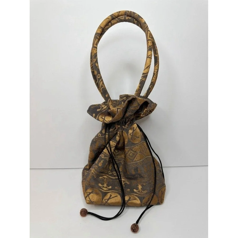Vintage Gold Bronze Metallic Drawstring Pouch Handbag Geometric Evening Purse